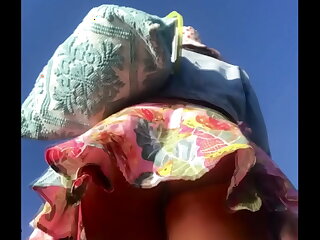 Exhibitionist pawg bootylicious milf cheating hot big bum bubble rump upskirt in thong swimsuit with tiny mini short sundress leaving public beach